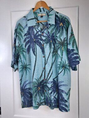 Tommy Bahama 100% Silk Hawaiian Aloha Camp Shirt Large Palm Trees Coconut Tropic